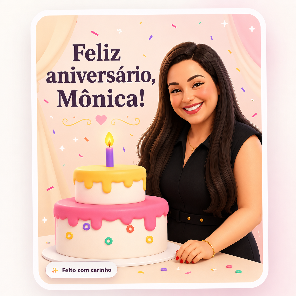 Ilustração 3D inspirada na Mônica ao lado de um bolo com a frase Feliz aniversário, Mônica